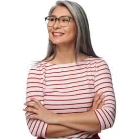 A senior Asian woman in a red striped shirt facing left